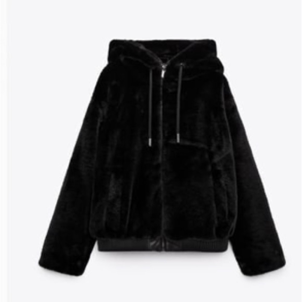 Zara Faux Fur hooded jacket - black 2023